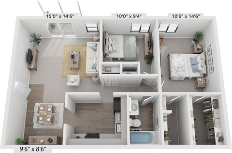 Floor plan for 2 beds, 1 bath, 825 sqft